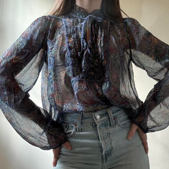 Vintage A.N.A. Sheer Blue Paisley Blouse Petite Small 70s Stevie Nicks - Picture 1 of 8